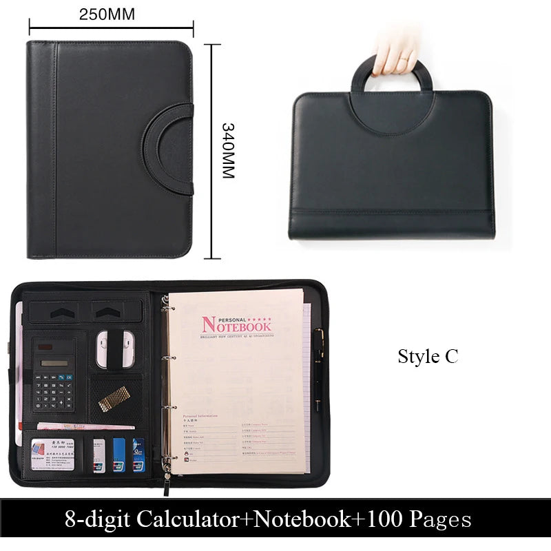 A4 Portable File Folder with Calculator Binder Organizer Manager Office Document Pad Briefcase PU Leather Padfolio Bag Customize