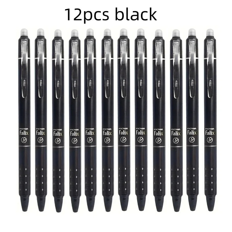 12pcs Press Type Erasable Gel Pens 0.5mm Black/Blue Ink Bullet Washable Handle Magic Refills Rod Super Capacity Ink Writing