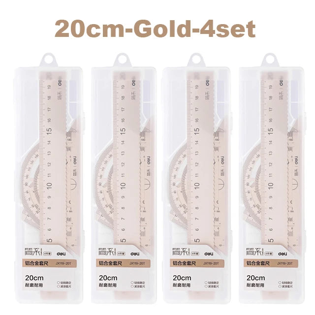 Deli 4Pcs Student Stationery Set Triangle Ruler Straight Ruler Grid Ruler Angle Measuring Tool Aluminum Alloy Material