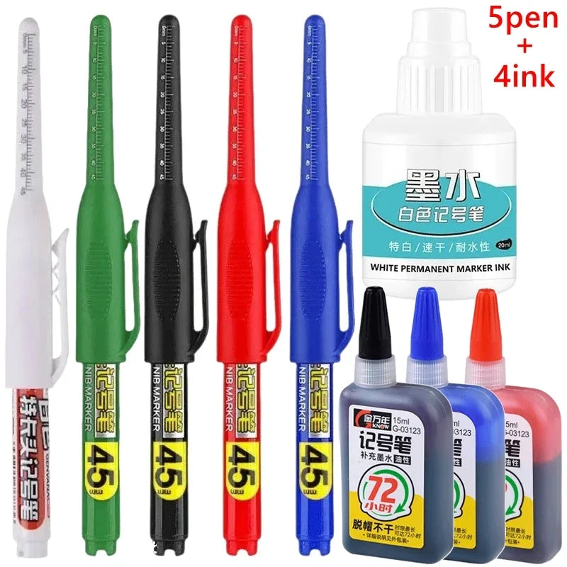 1-12 PCS 45mm Tip Waterproof Long Head Marker Pen Quick-Dry Ink for Woodworking Construction, Deep Hole White Black Red Blue