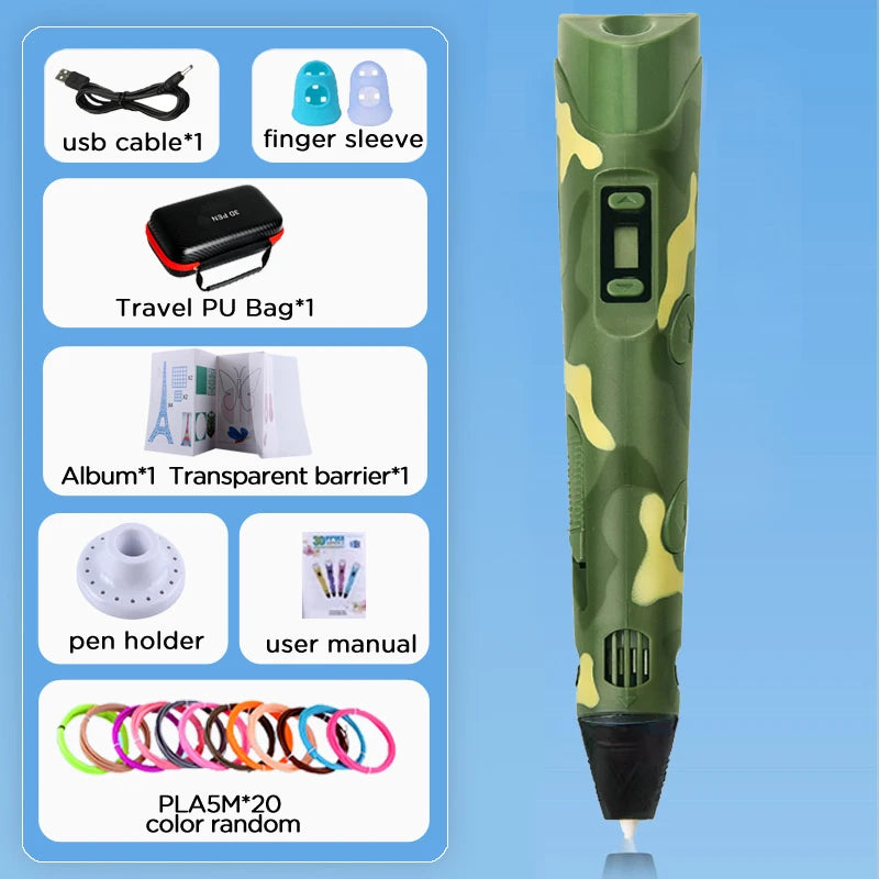 3D Pen With LCD Screen Compatible PLA Filament Toys 3D Drawing Printing Pen for Children DIY Christmas Birthday Gift