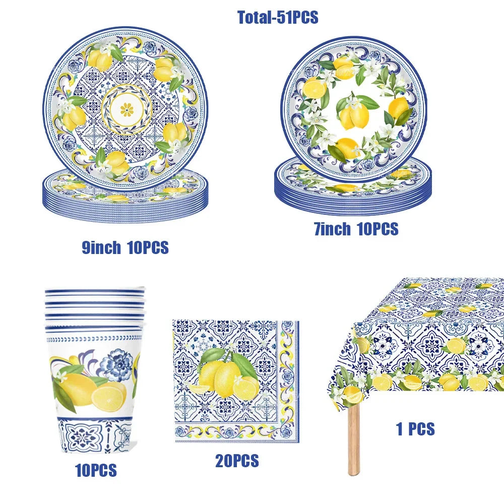Lemon Birthday Decoration Sicilian Lemon Paper Plates Cups Napkins Tablecloth Banners Spiral Baptism Dolce Vita Party Supplies