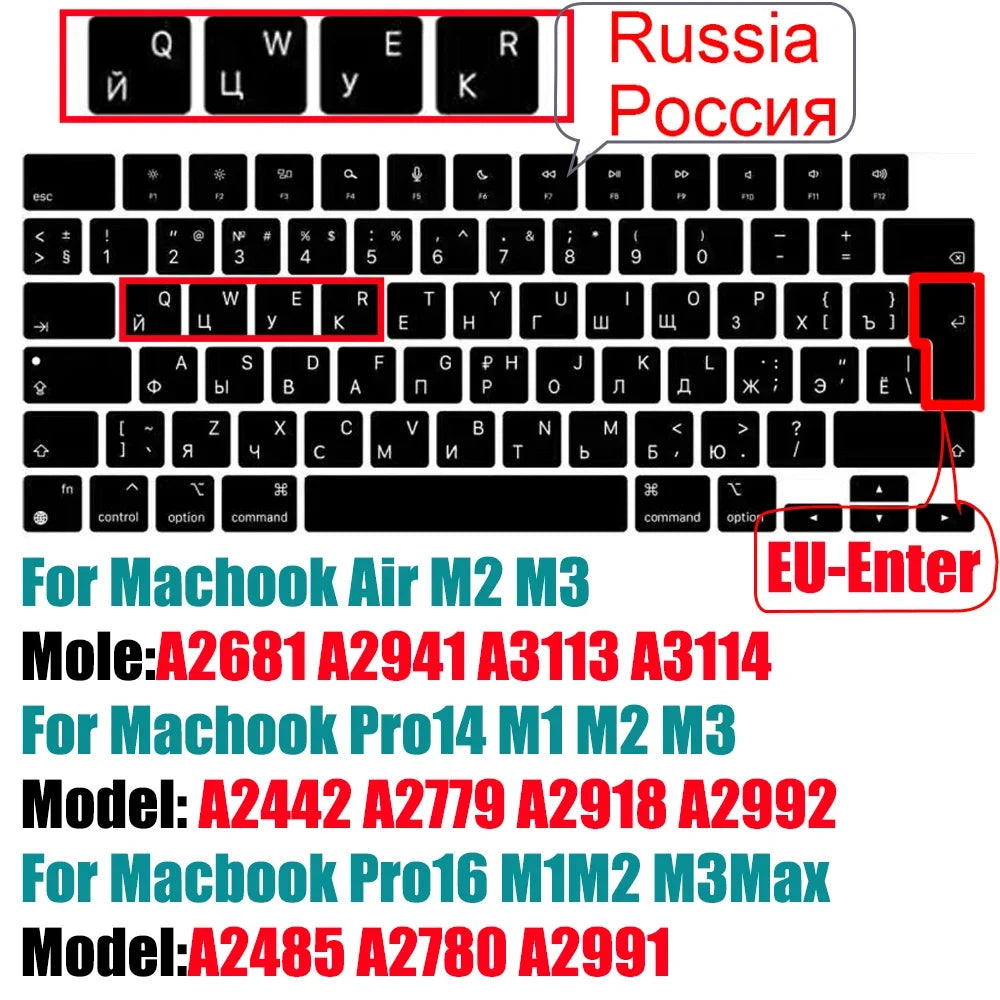 Keyboard Cover for 2022-2024 M4 M3/M2/M1Chip Pro 14"/16" A3401/A2992/A2779/A2991/A3403 MacBook Air 15.3"/13.6" A3113/A3114/A2941