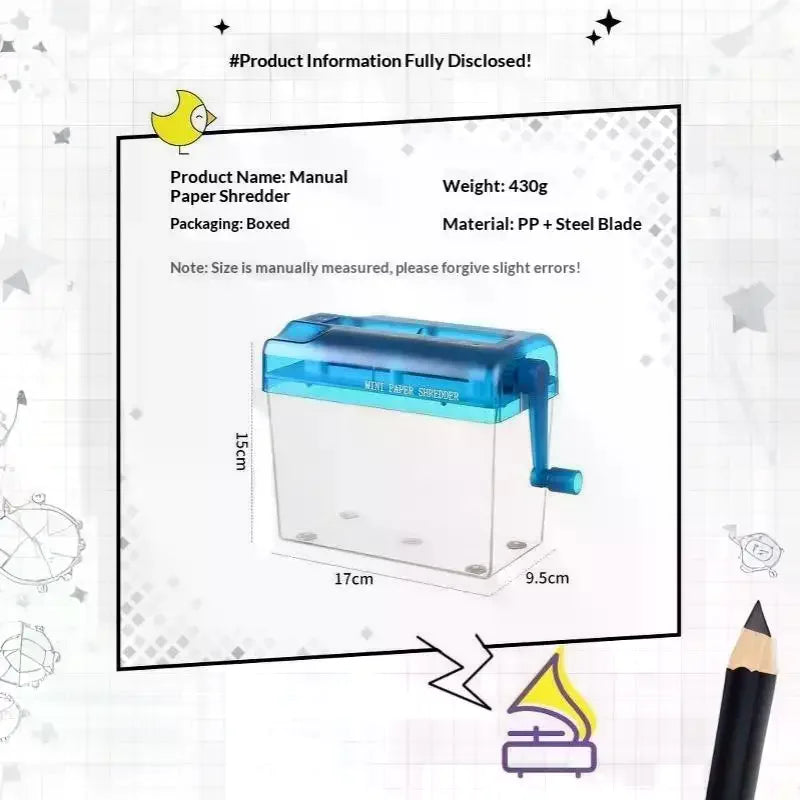 Portable Mini Manual Paper Shredder With Hand Crank Clear Waste Bin For Home Office Use
