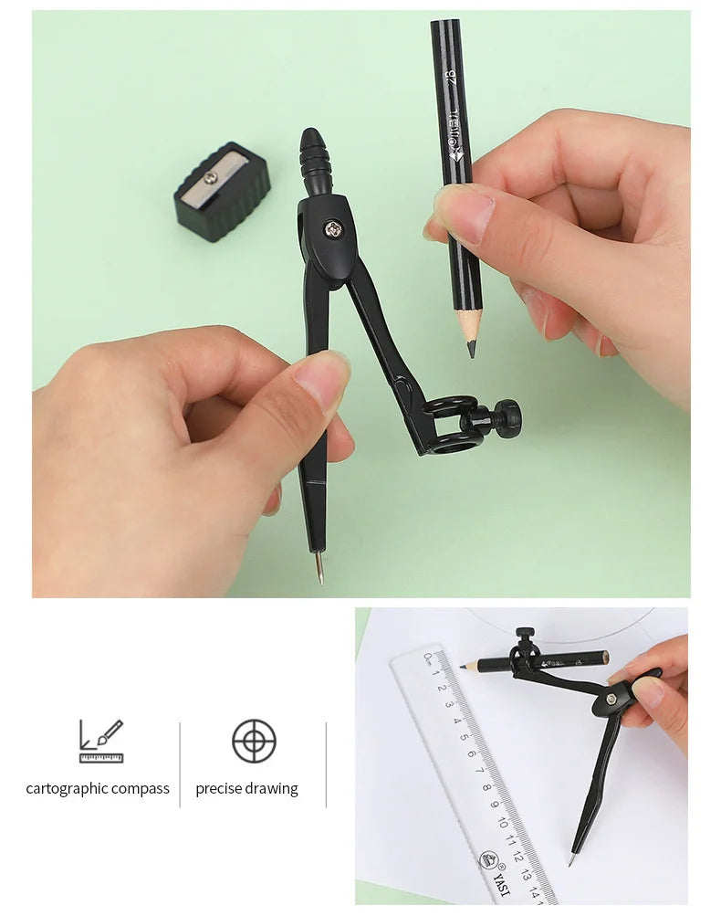 JIANWU Black Metal Compass Geometry Set Zinc Alloy Multifunction-clip Pen Compass Writing Drawing Tools School Office Stationery