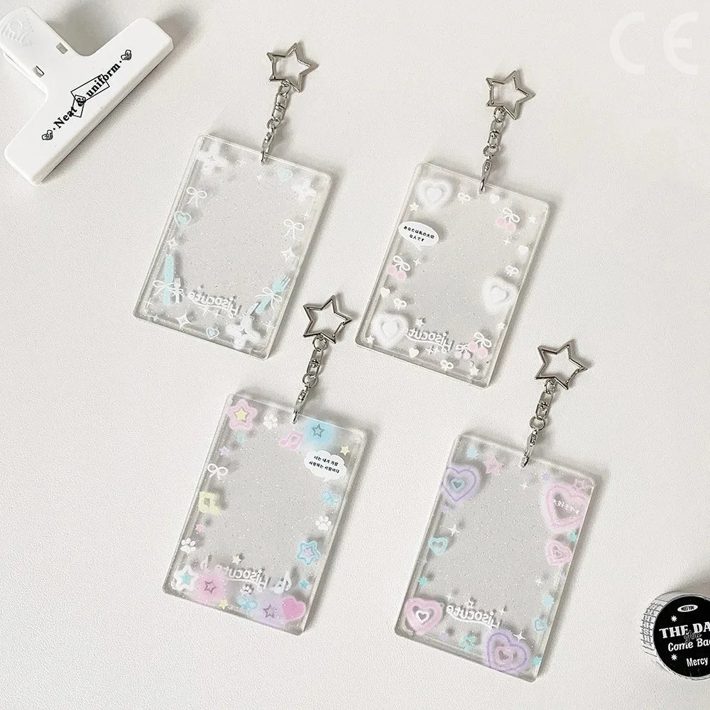 1PC Colorful Graffiti Love Glitter Card Sleeve Transparent Three-inch Mini Card Protector Key Chain Pendant Photo Holder
