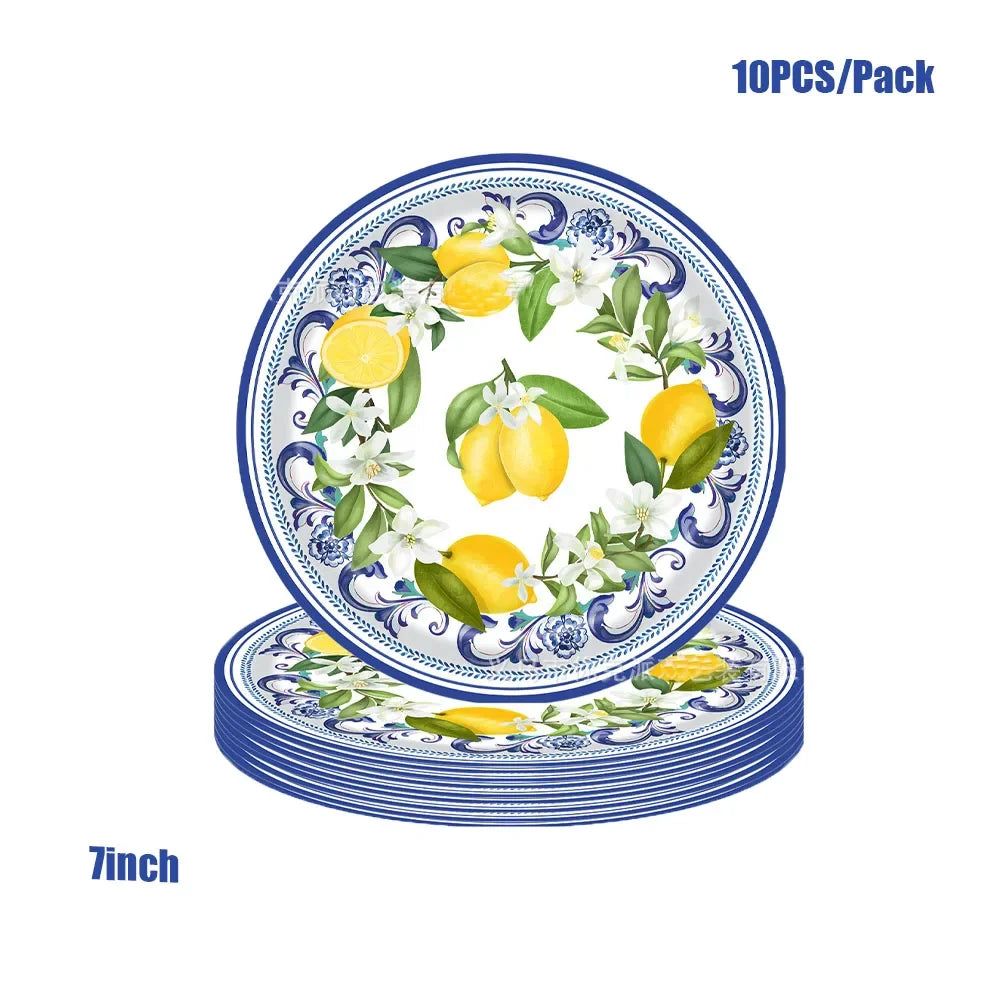 Lemon Birthday Decoration Sicilian Lemon Paper Plates Cups Napkins Tablecloth Banners Spiral Baptism Dolce Vita Party Supplies