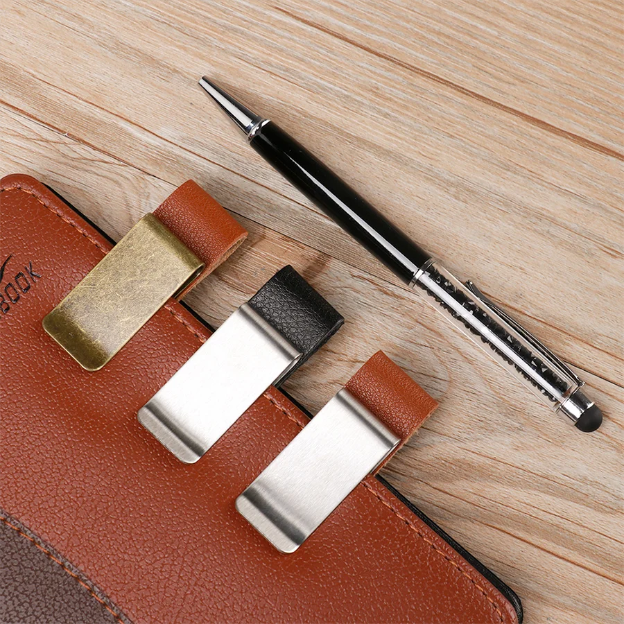 Handmade Leather Pen Holder Clip Brass Stainless Steel Holder For Journal Notebook Paper Folder Home Office Daily Desktop Use