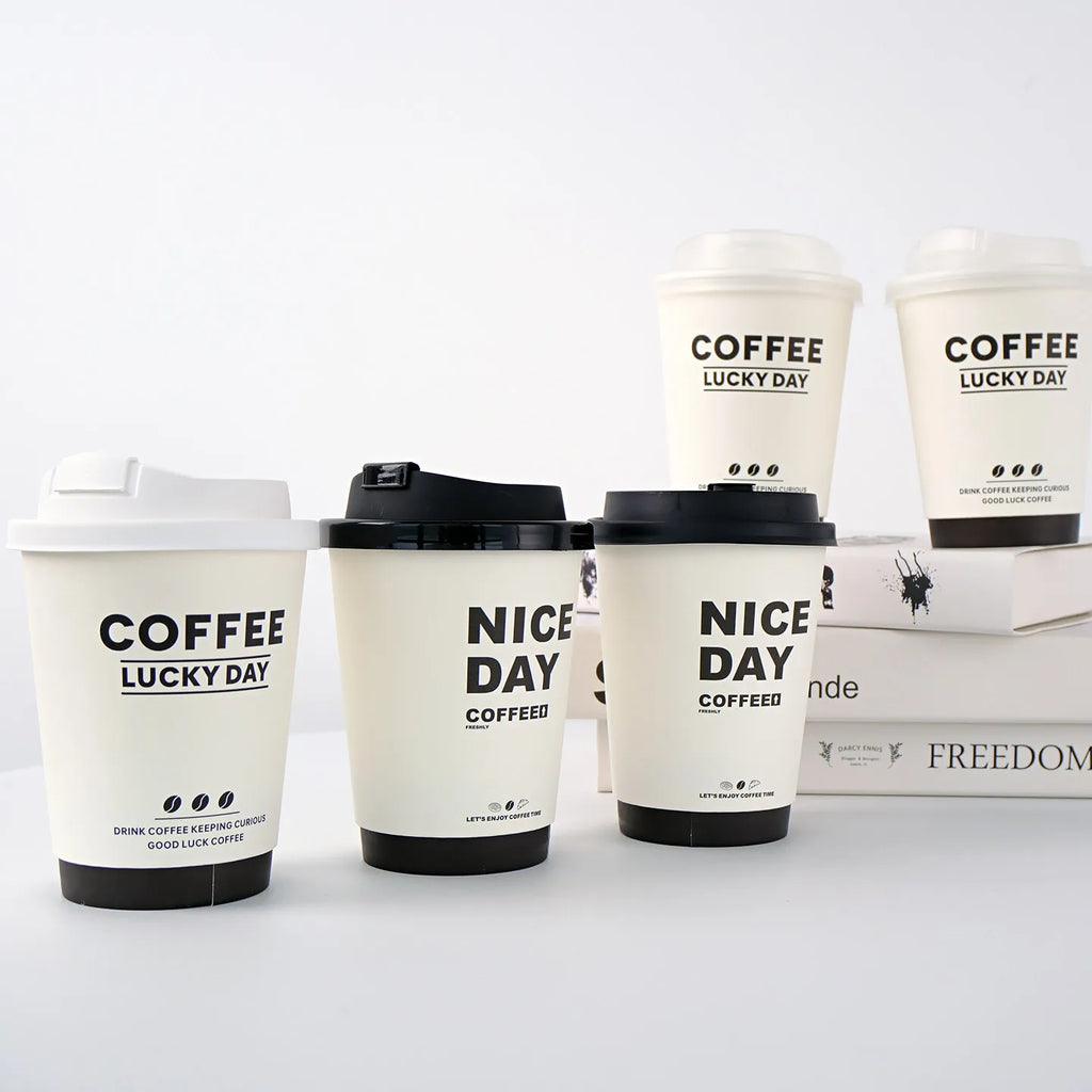 50pcs Thick Double-layer Coffee Paper Cup Disposable 90mm Caliber Hot Drink Leak Proof with Lid Shop Takeaway Paper Cups