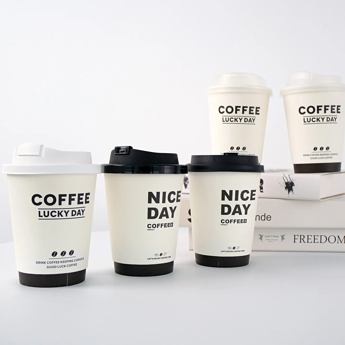 50pcs Thick Double-layer Coffee Paper Cup Disposable 90mm Caliber Hot Drink Leak Proof with Lid Shop Takeaway Paper Cups