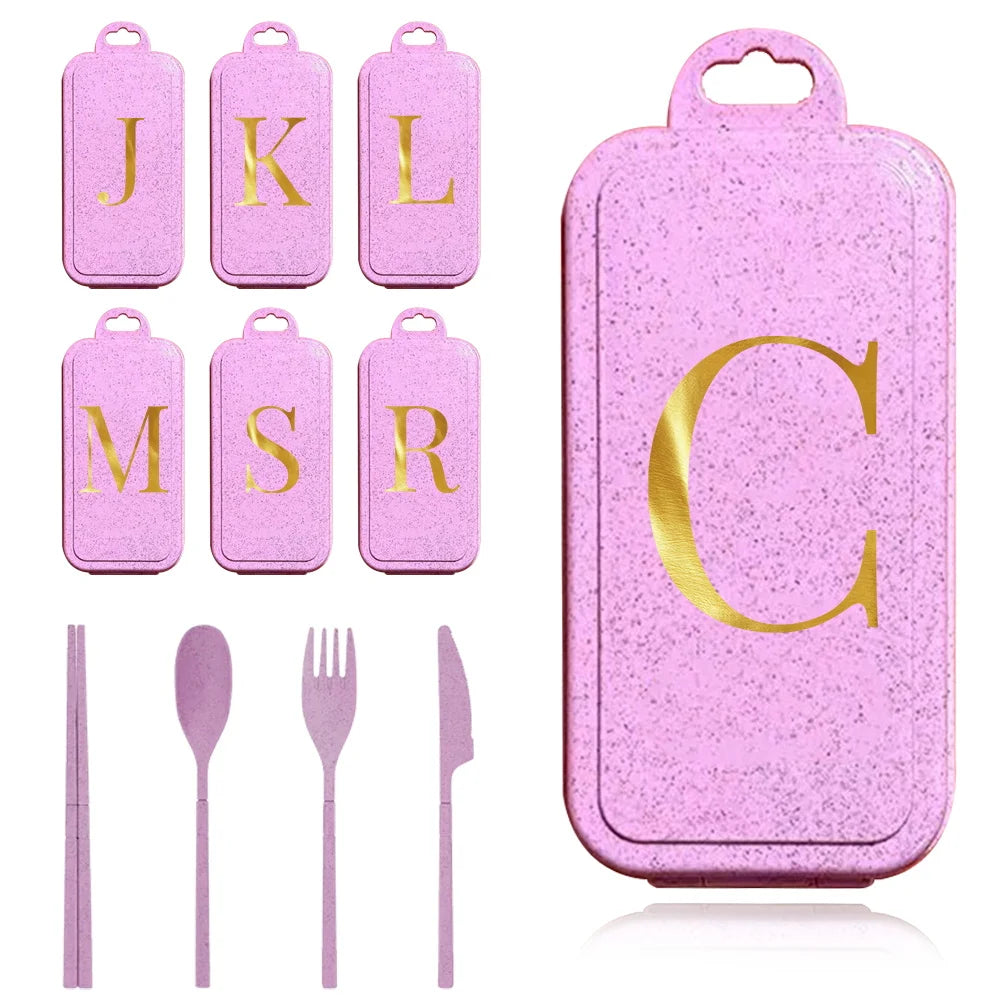 4Pcs Removable And Reusable Dinnerware Sets Spoon Knife Fork Chopsticks Organizer Case Tableware With Storage Box Letter Pattern