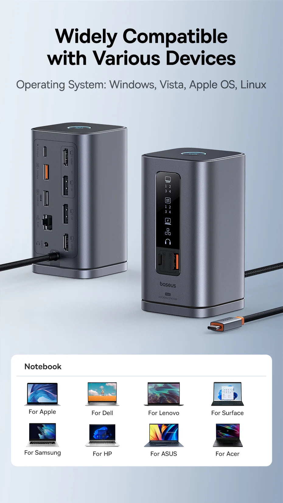 Baseus 11-IN-1 USB C HUB HDMI DP 4K@60Hz MST Triple Display USB 3.2 Splitter with RJ45 3.5mm Mic PD100W Magnetic Docking Station