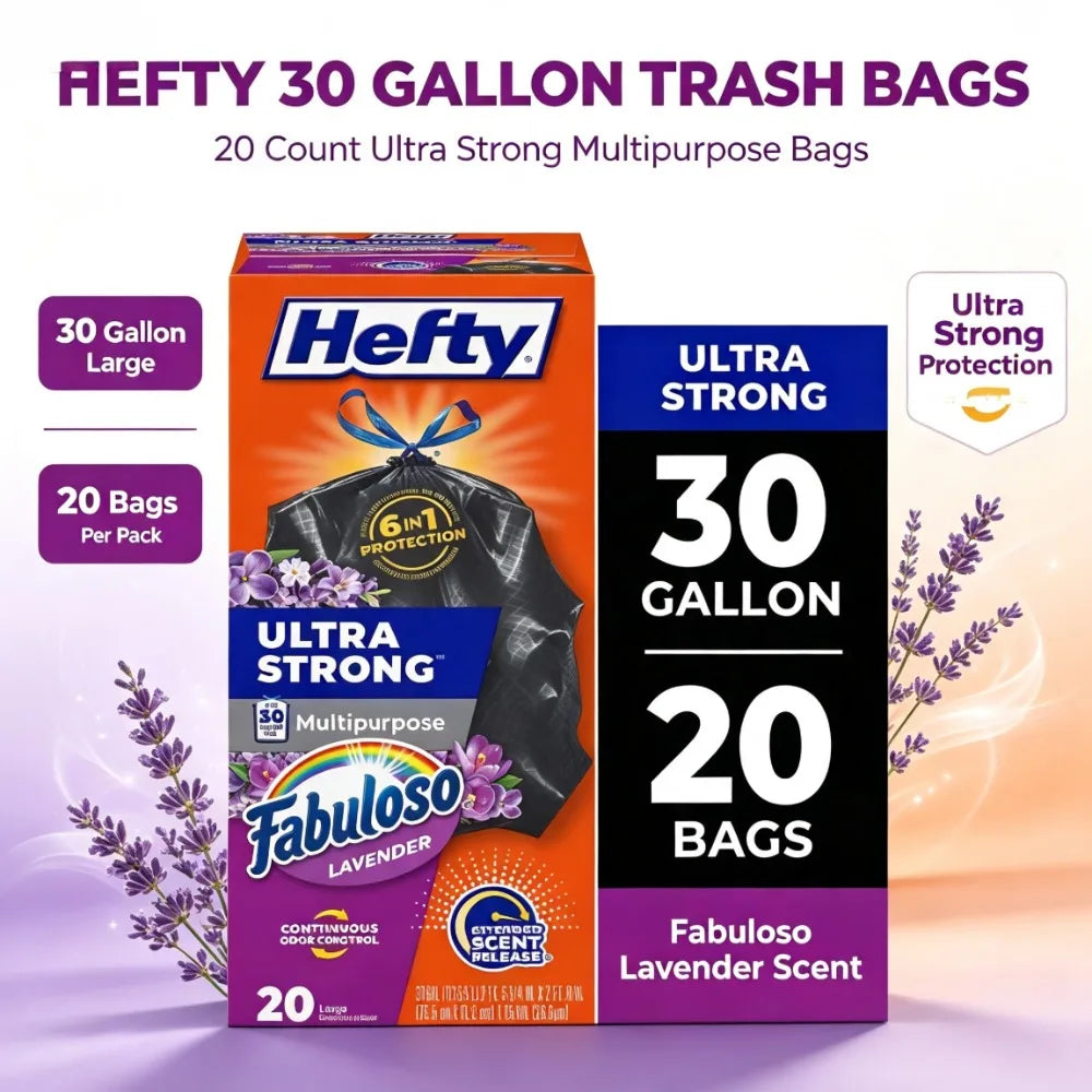 Ultra Strong 30 Gallon Trash Bags, Black Large Trash Bags, Fabuloso Scent, 20 Bags, Heavy Duty Kitchen Garbage Bags, Leak Proof, Strong Handle