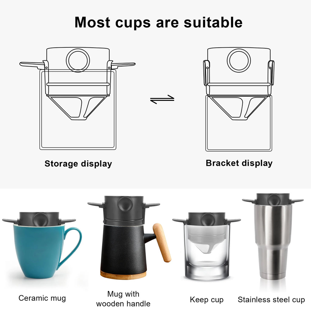 Folding Hand Brewed Coffee Filter Coffee Dripper Cone for Drip Coffee and Tea with Stainless Steel Holder No Filter Paper