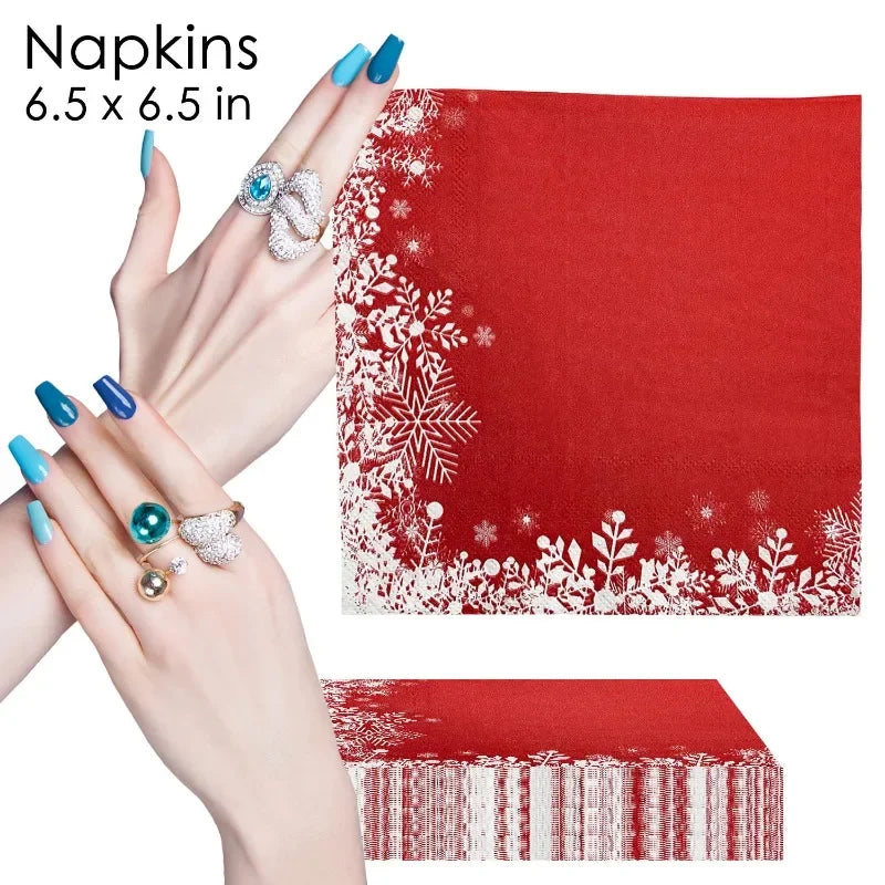 20pcs 33cm 2Ply Christmas Red Snowflake Paper Napkins Christmas Decoration Supplies Ice Festival Party Printed Napkins