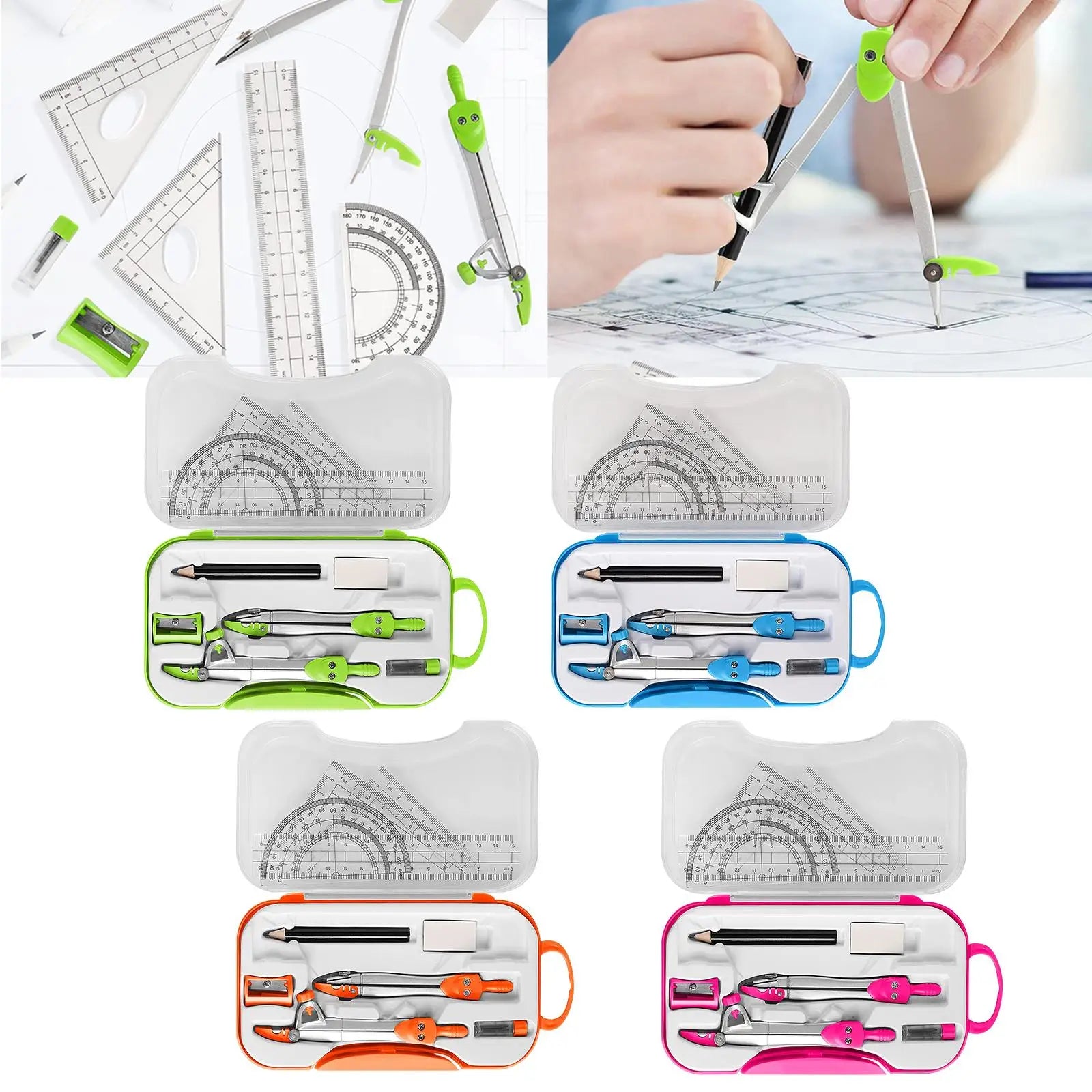 Math Geometry Kit Set Protractor Ruler Pencil with Case Eraser Drawing Supplies Teachers