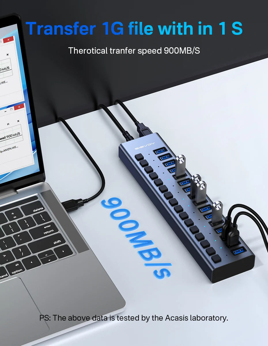 Acasis 16/10/7 Port USB Hub 10Gbps Individual Switch Charging Data Transfer for PC Laptop Workstation Multi Device Expansion