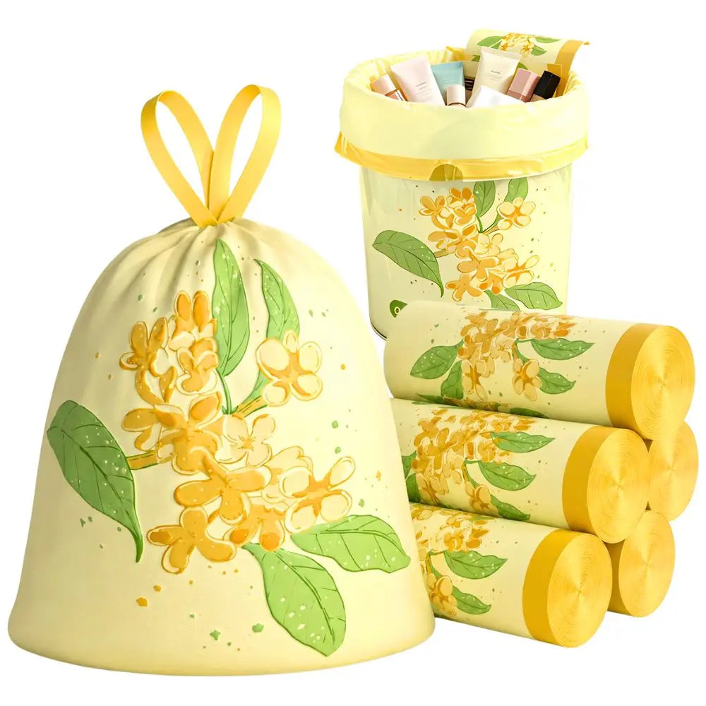 4 Rolls Osmanthus Scent Drawstring Trash Bags for Kitchen Bathroom Bedroom Home Waste Storage YMY