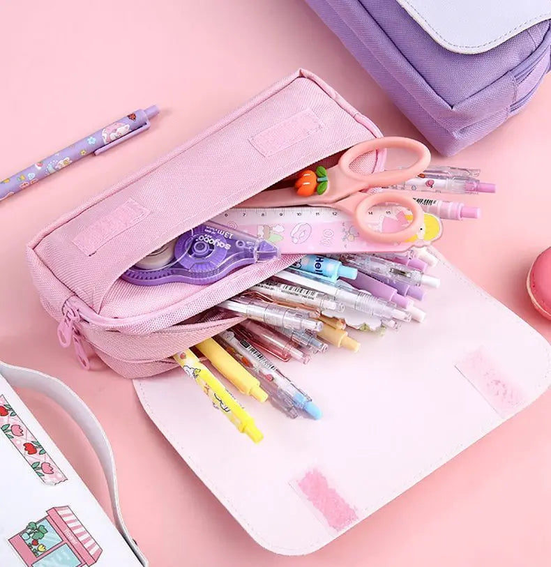 Kawaii Cute Cartoon Anime Pencil Bag Multi-Compartment Stationery Pouch with Handle Portable Pen Case for School & Travel