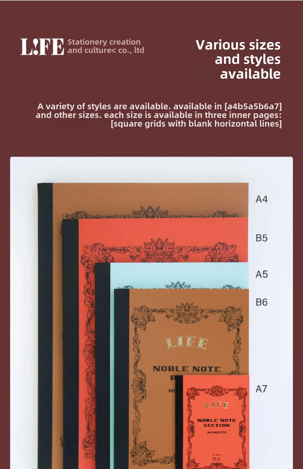 Japanese LIFE noble note section Notebook 100sheets Grid/Horizontal A4 A5 B4 B5 Pen Writing Notebook Office Stationery Supplies