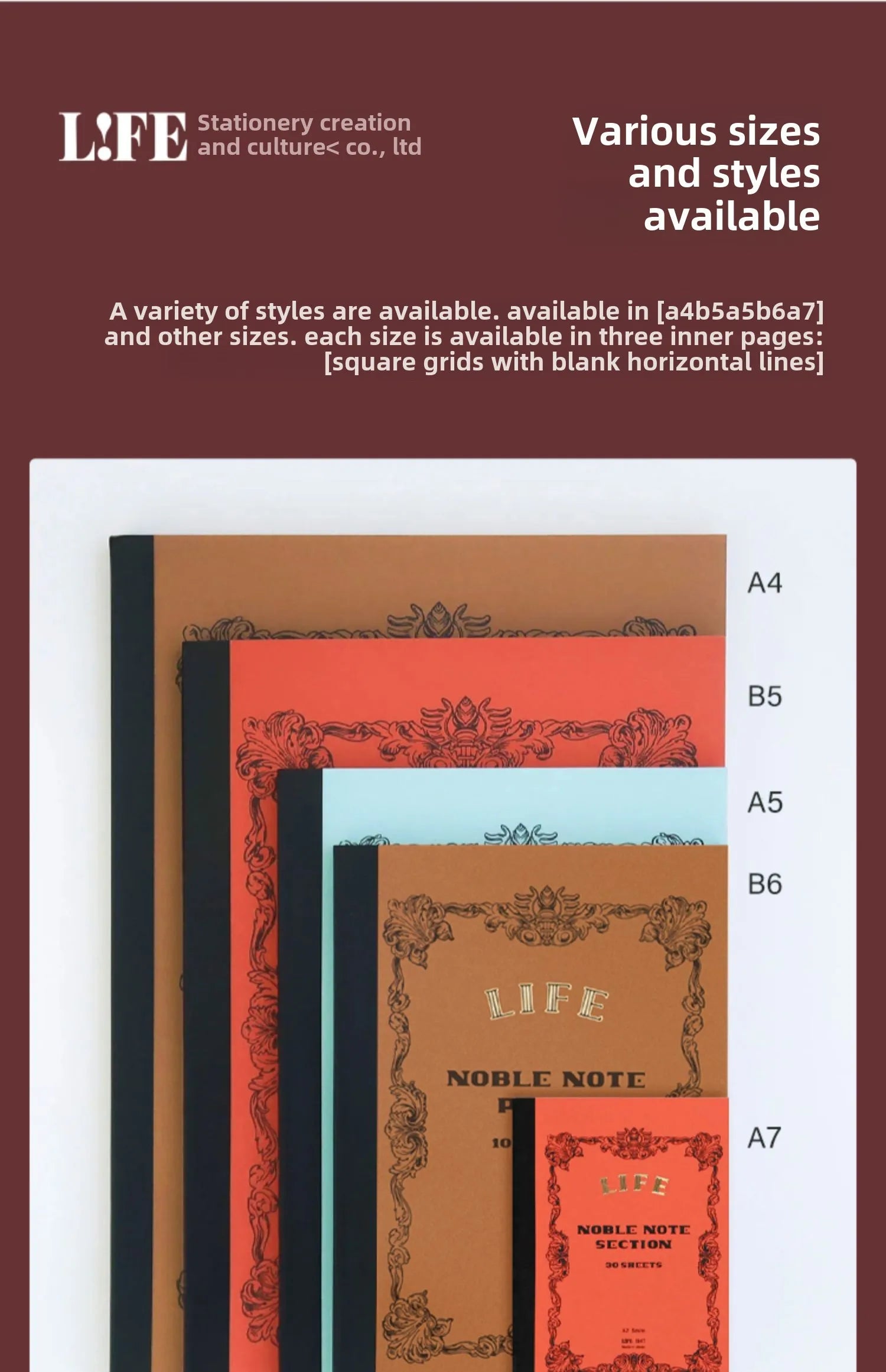 Japanese LIFE noble note section Notebook 100sheets Grid/Horizontal A4 A5 B4 B5 Pen Writing Notebook Office Stationery Supplies