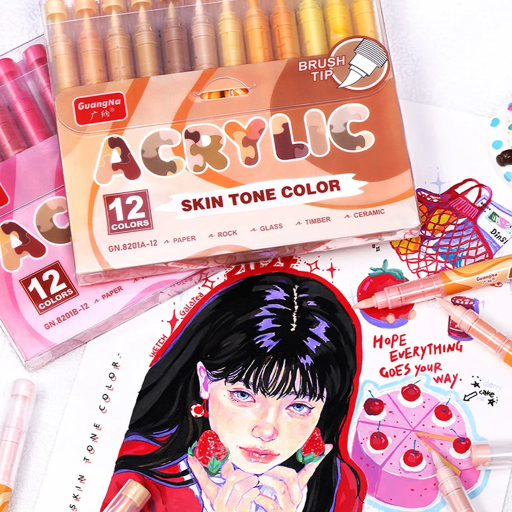 GuangNa 12-72 Colors Soft Brush Acrylic Marker Pen Set,Skin Tone, Macaron color,DIY Hand Drawn,Paint Art Markers pens,GN.8201F/M