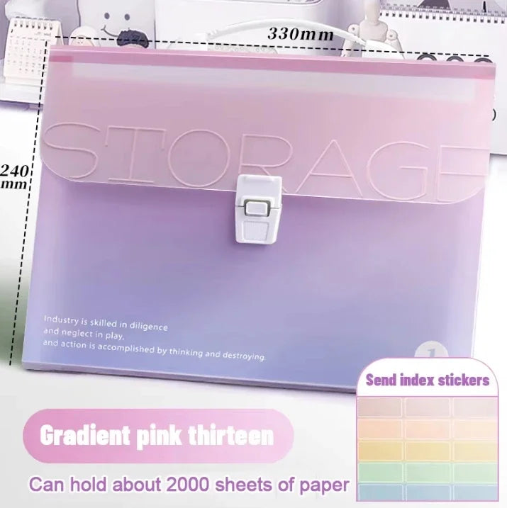 Kawaii Gradient Color A4Portable Accordion Bag 13layer Folder Student Test Paper Storage Bag Large Capacity Information File Bag