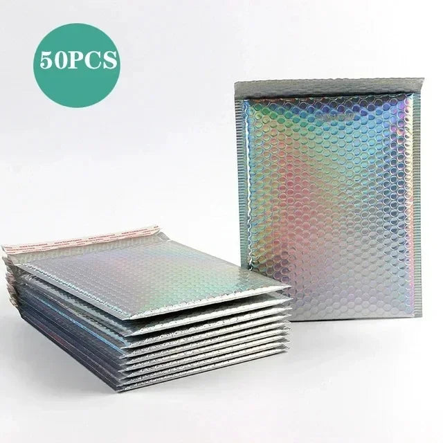 50Pcs Holographic Bubble Mailer Rose Red Mailing Envelope Waterproof Courier Bag Padded Bubble Envelopes Pack Bag for Shipping