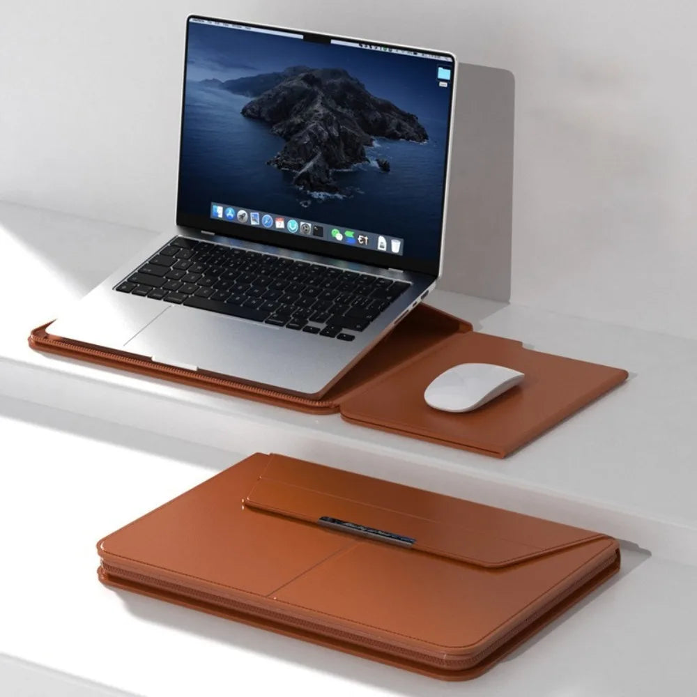 13-14/15-16 Inch Laptop Sleeve Holder Automatic Closing Multifunction Carrying Pouch with Stand Leather for Macbook Air