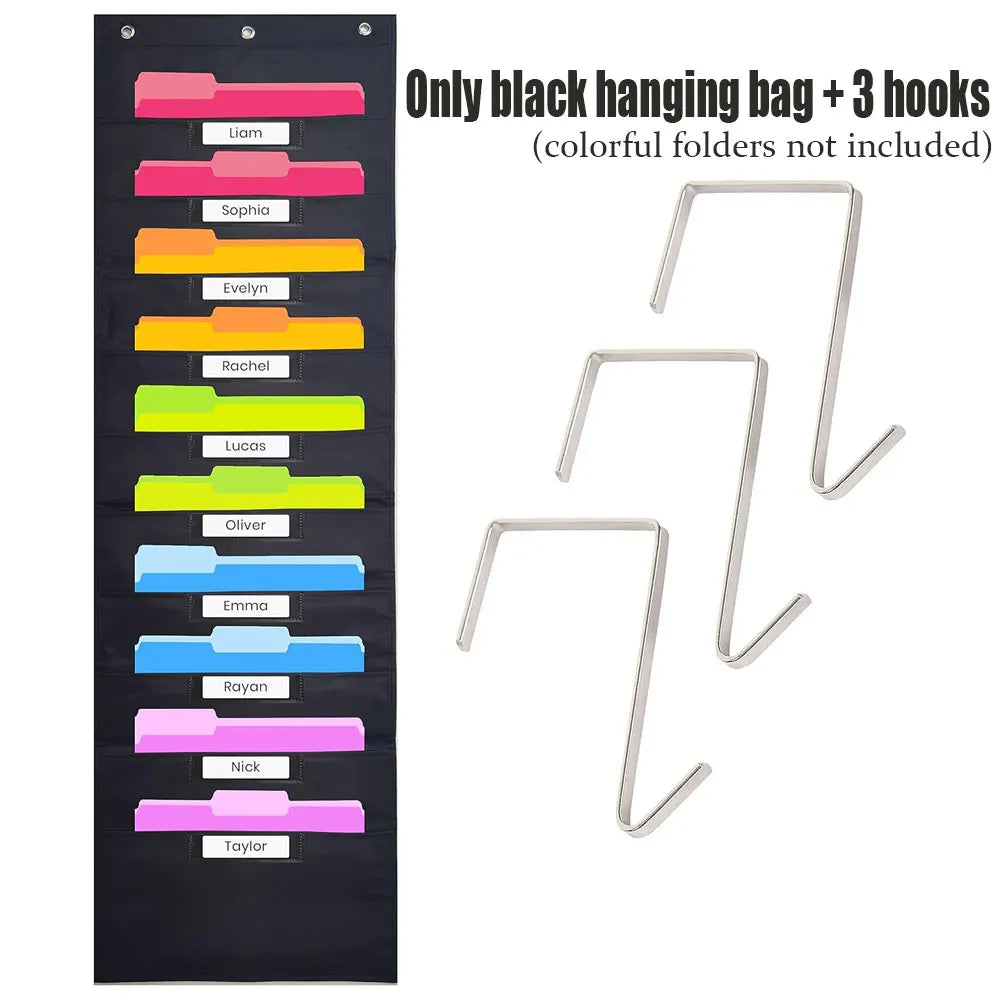 10 Pocket All Black Hangable File Organizer with 3 Hooks for Easy Storage of Files, Test Papers, Scrapbook Papers and More.