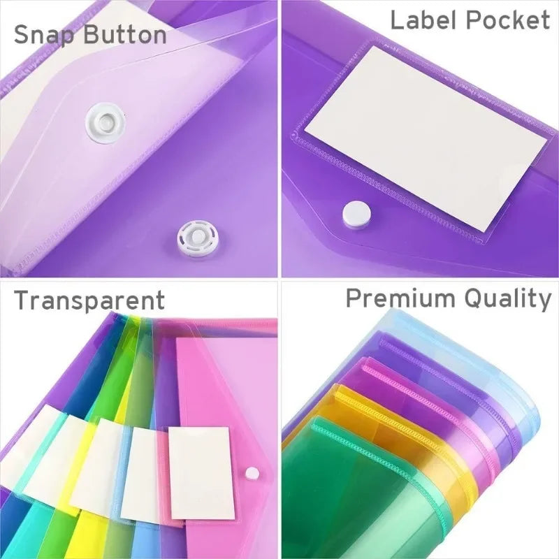 10/5pcs A4 Folders Plastic Envelopes Clear File Folder for Document Poly File with Label Pocket Snap Button for Office Organizer