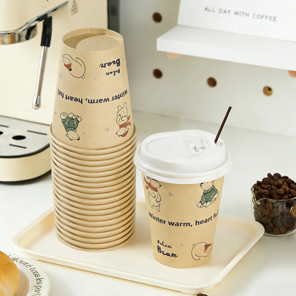 Polar Bear Patterned Disposable Paper Cups Bamboo Pulp Panda Cat Paper Cup Animal Print Coffee Cups with Lid for Home Party Use