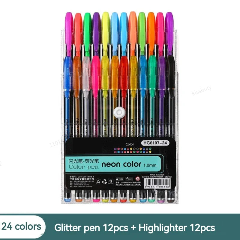 12-60Pcs Metallic Glitter Colors Gel Pens 100 Colored Refills Rod Stationery Highlighter School Coloring Drawing Art Markers