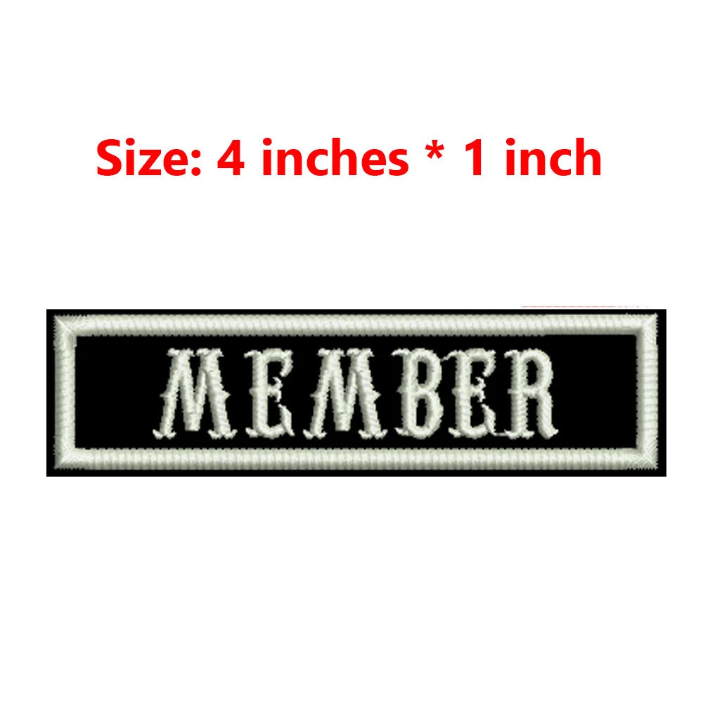 4 Inches Wide Iron On Embroidery White Texts And Border Name Tag PRESIDENT,ORIGINAL,SECRETARY,ROAD CAPTAIN,MEMBER,V. PRESIDENT