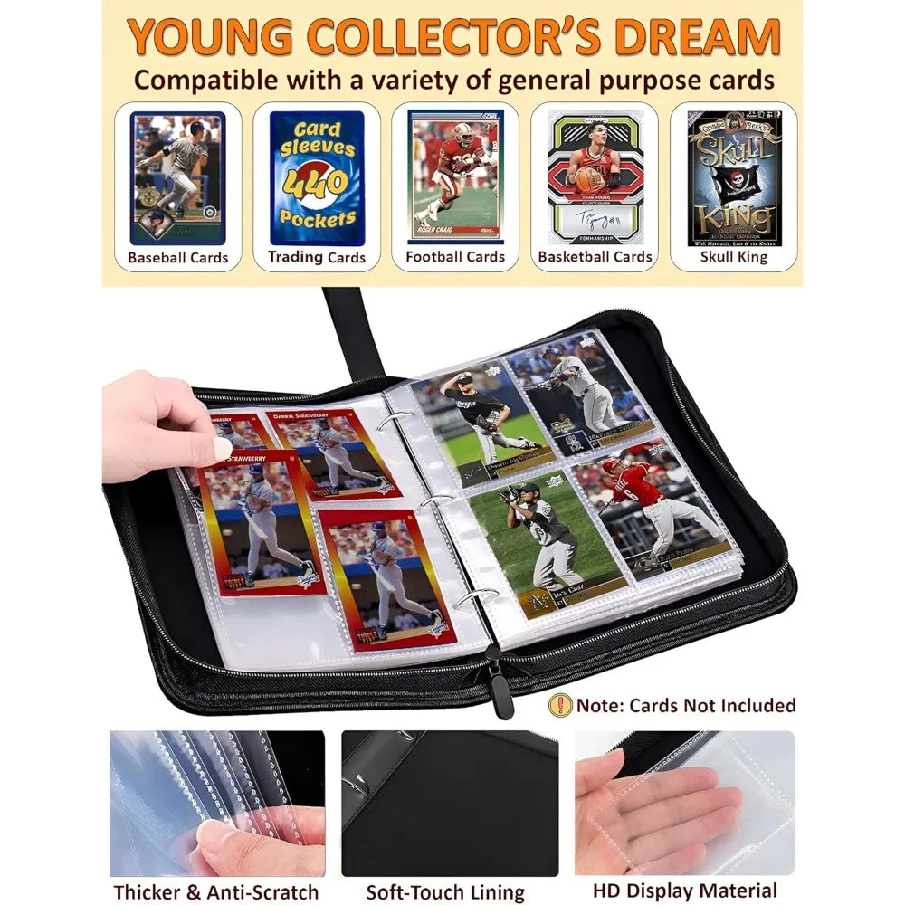 Trading Card Binder 400 Pockets 50 Pages Zipper 3 Ring Sports Album Baseball Card Storage Holder Compact Collector Case