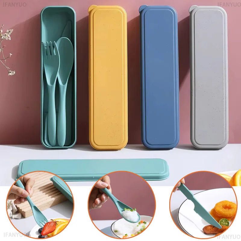 Portable Wheat Straw Dinnerware Set Reusable Knife Fork Spoon Travel Utensil Box 3In1 Tableware Kit For Tableware School Office