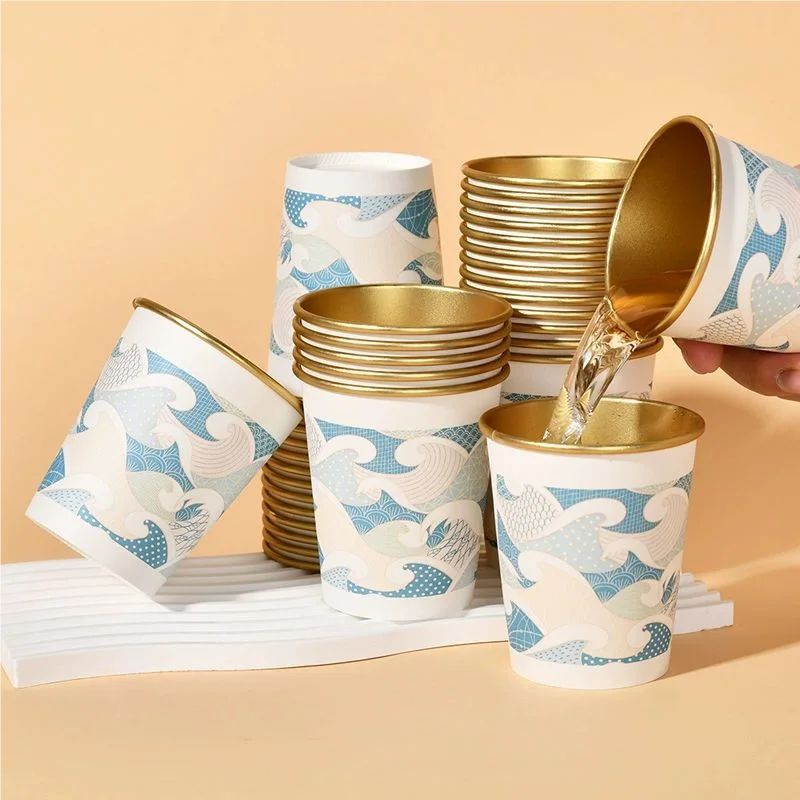 50pcs/pack 250ml Disposable Gold Foil Paper Cup Commercial Office Hot Drinks Tea Cups Coffee Cup