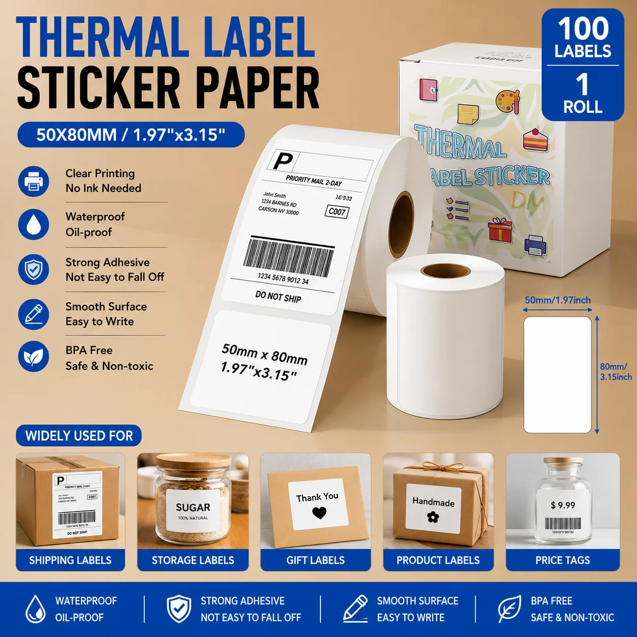1 Rolls 50x80mm Waterproof Self-Adhesive Thermal Labels Sticker Paper for Shipping Barcodes, Retail Price Tags & Daily Office