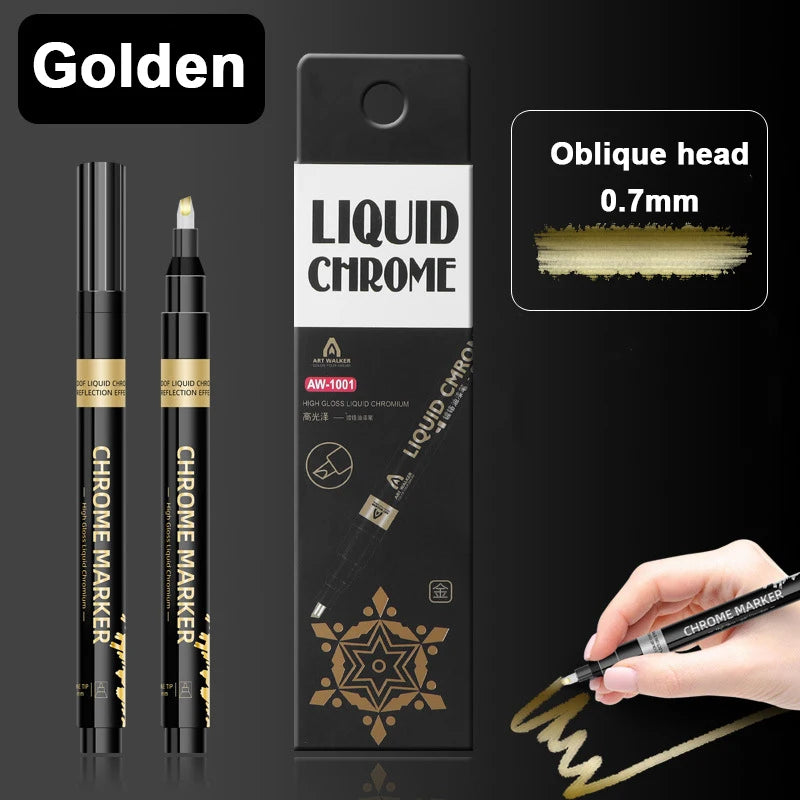 1Pcs Chrome Mirror Marker Pen 0.7mm 1mm 2mm DIY Reflective Paint Pen Permanent Gold Silver Copper Marker Model Painting Marking
