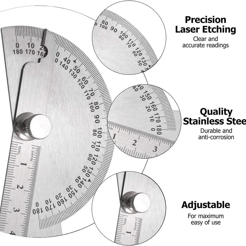 10/15cmStainless Steel Protractor Woodworking Angle Ruler 0-180° Angle Measuring Tool for Woodworking/Industry 1pc