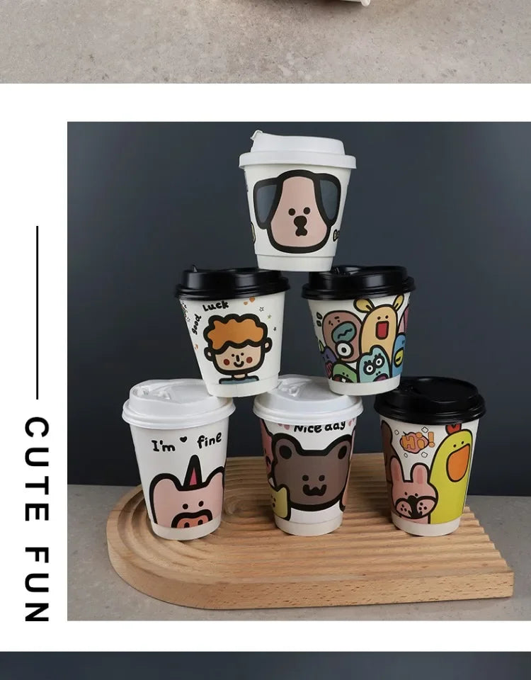 25pcs 90 Caliber Disposable Coffee Cups Fresh Milk Hot Drink Thickened Cartoon Paper Cup Milk Tea Takeaway Packag Cup with Lid