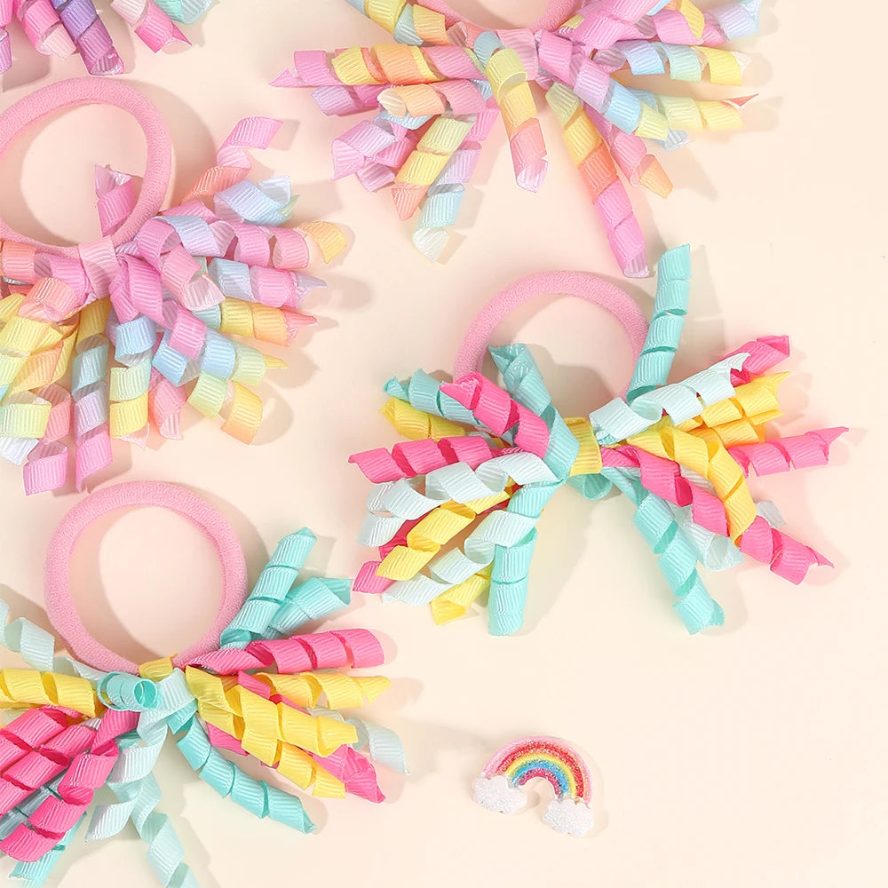 2Pcs Trendy Firework Hair Ties Rainbow Curly Ribbon Elastic Rubber Bands For Girls Kids Cute Hair Ropes Daily Hair Accessories