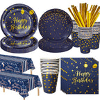 Dark Blue Gold Birthday Disposable Tableware Paper Plates Cups Napkin Tablecloth Adult Elegant Birthday Party Decoration Wedding