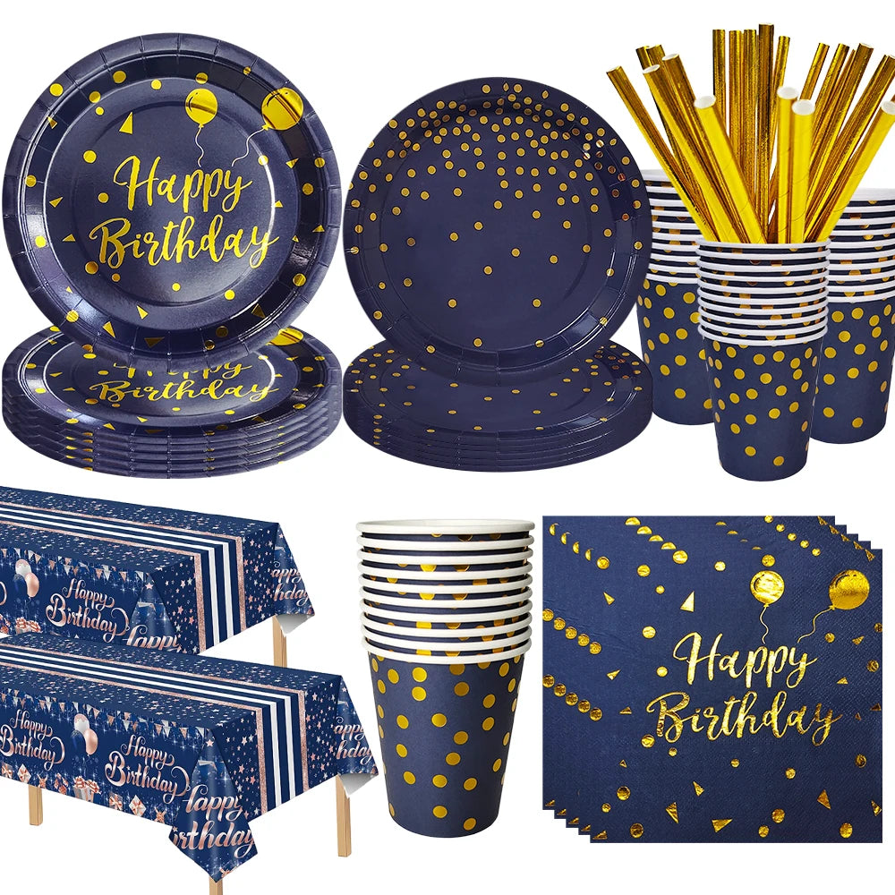Dark Blue Gold Birthday Disposable Tableware Paper Plates Cups Napkin Tablecloth Adult Elegant Birthday Party Decoration Wedding