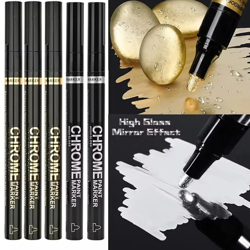 5/1pcs Chrome Pen Marker Mirror Waterproof Paint Repair For Rock Ceramic Glass Metallic Gold/Silver 2mm Nib