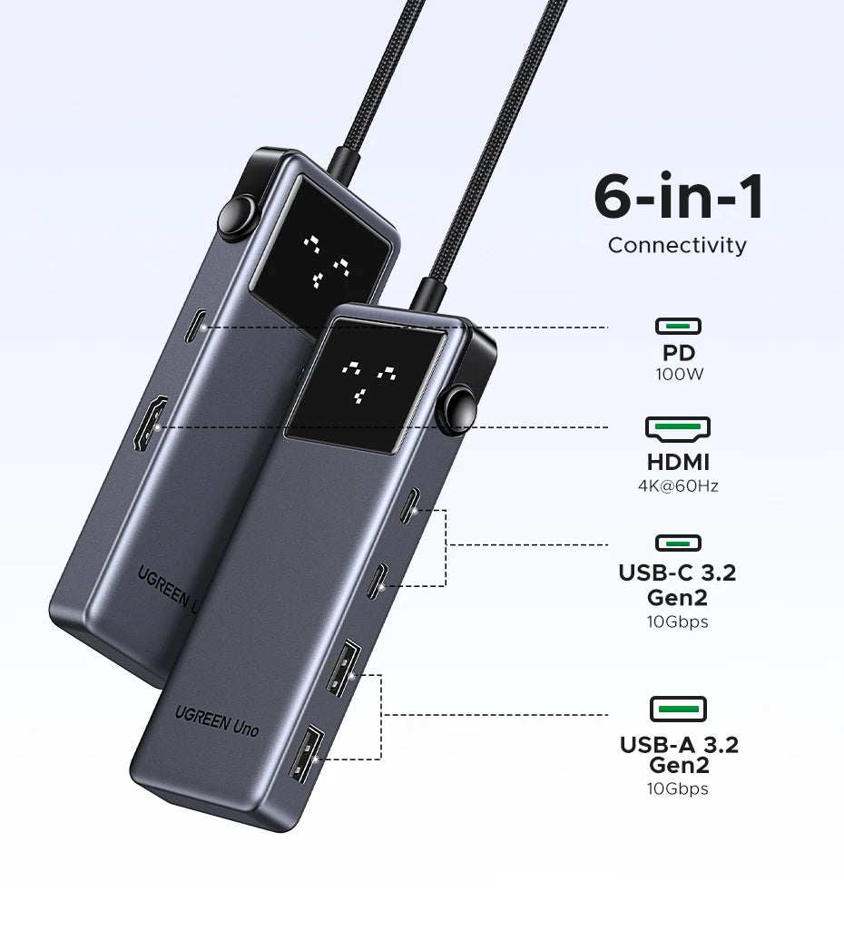 UGREEN Uno USB C HUB 6-in-1 4K60Hz PD100W 10Gbps USB3.2 Splitter Adapter for Laptop Macbook Pro Air USB Expander Docking Station