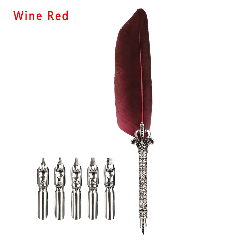 1 Set New Luxury Feather Pen 5 Nib Vintage Quill English Calligraphy Signature Pen European Gift Box Scuba Dive Writing Tools