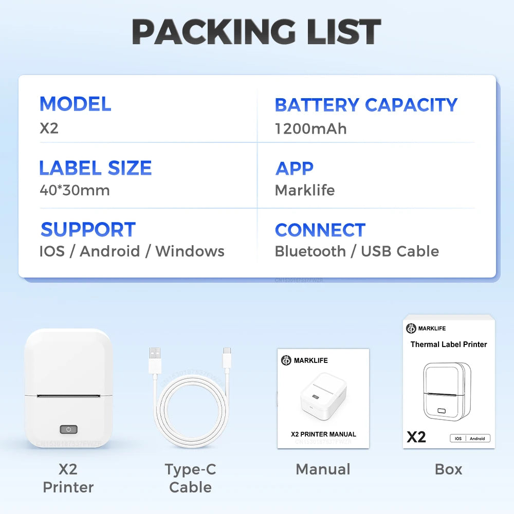 Marklife X2 Portable Mini Printer Similar to Marklife P50 Adhesive Sticker Printer Wireless Bluetooth Labeling Machine DIY Label