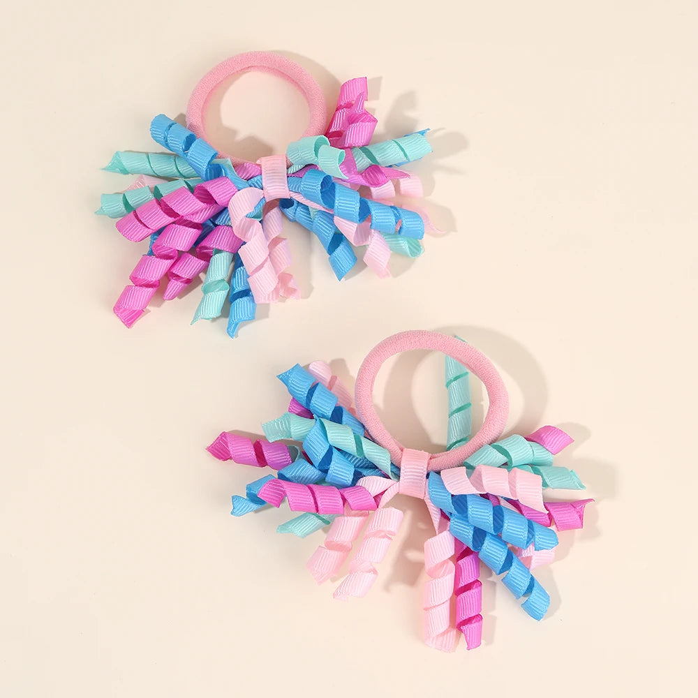 2Pcs Trendy Firework Hair Ties Rainbow Curly Ribbon Elastic Rubber Bands For Girls Kids Cute Hair Ropes Daily Hair Accessories