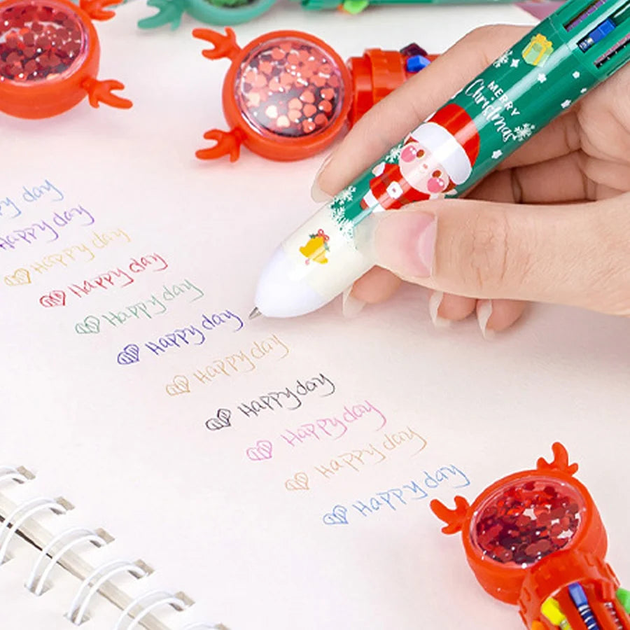 1PC Christmas 10-color Ballpoint Pen Student Press-type Color Pen Santa Claus Presses The Ballpoint Pen 0.5mm School Stationery